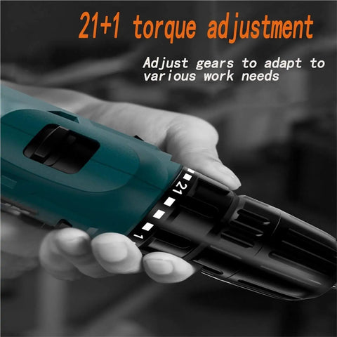 Total Ripper Cordless Drill 168 Volt Rechargeable Power Tool With Slick Ergonomic Grip For Tight Spots And Overhead Jobs No Stress Handling Sweet For Daily Repair Work On Any Weekend Project showing 21+1 torque adjustment feature.
