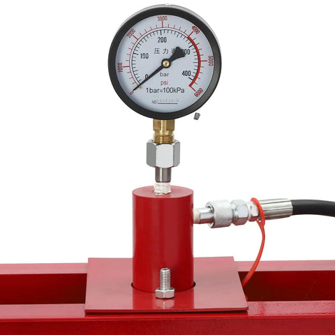 Close-up of the pressure gauge on a 10 Ton Hydraulic Benchtop Press H Frame Heavy Duty Garage Floor Press with adjustable table.
