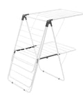 Heavy Duty Two Tier Clothes Drying Rack With 31 Sturdy Rods And Sock Clips Foldable Metal Laundry Stand Adjustable Height For Indoors Or Yard No Sweat Dry Setup, white metal design.