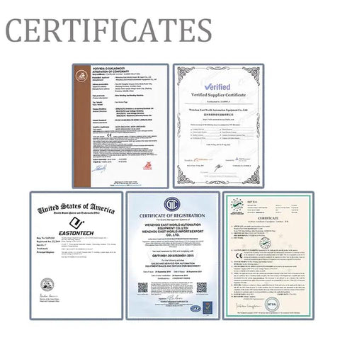 Certificates showing compliance and registration for Dead-On Automatic Cable And Wire Cutting Stripping Machine With Slick Touchscreen Interface.