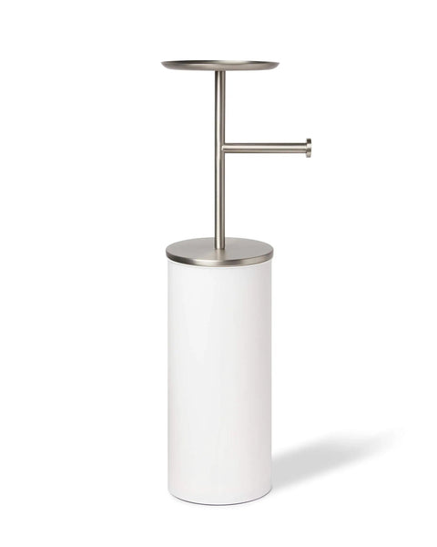 Portaloo Toilet Paper Stand And Reserve With Built In Tray In White Nickel Finish Slick Chrome Accents Space Saving Bathroom Organizer