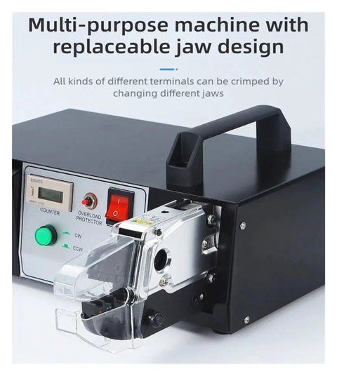 Heavy Duty Electric Terminal Crimping Machine With Built In Wire Stripper Cutter For All Terminals multi-purpose design with replaceable jaw visible