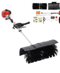 Gas Powered Handheld Sweeper Broom For Lawn Cleanup 52cc 2 Stroke Engine Two Point Three HP Portable Gasoline Powered Sweeping Machine With Fuel Tank Built To Last Durable ABS Aluminum Build Easy Start And Debris Removal, shown with brush head and attachments
