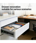 Heavy Duty Concealed Bottom Mounted Drawer Slides Full Extension Rails 2 Pairs With Push To Open Mechanism For Handle Free Minimalist Cabinets And Maximized Narrow Space Storage installed in open white office drawer