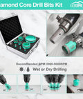 LEKOMESH diamond core drill kit in metal case with turquoise-green hole saw bits, front view