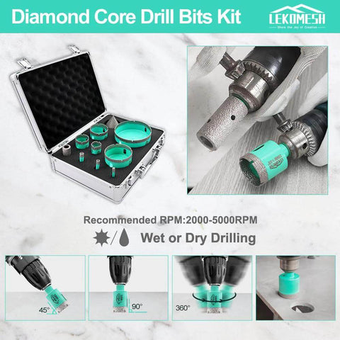 LEKOMESH diamond core drill kit in metal case with turquoise-green hole saw bits, front view