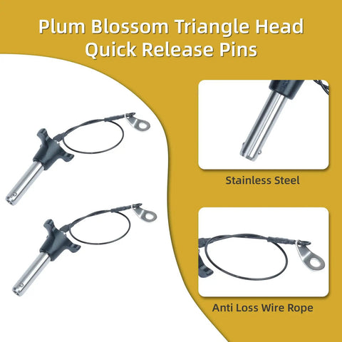 Two Pack Triangular Cap Ball Locking Pins With Button Handle For Quick Release, 304 stainless steel, with 24.5cm rope visible.