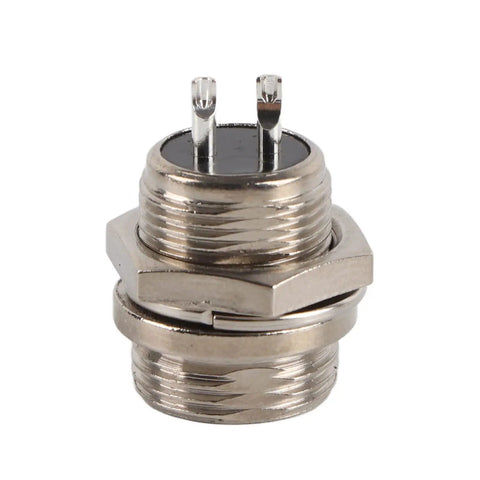Close-up of male socket from 10 Piece 2 Pin Aviation Connector Kit With 12mm Threaded Male And Female Sockets, silver plated pins