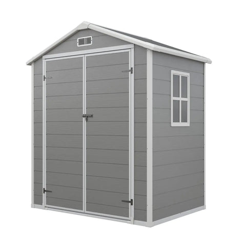 6x4 Ft Resin Outdoor Storage Shed With Floor And Window, lockable door visible, perfect for patio or backyard