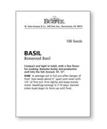 Boxwood Basil Seeds product packaging, 100 seeds, for edging and herb gardens indoor and outdoor, compact sweet basil