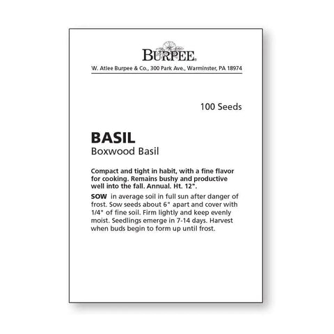 Boxwood Basil Seeds product packaging, 100 seeds, for edging and herb gardens indoor and outdoor, compact sweet basil