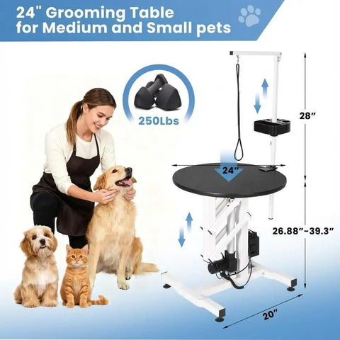 Elevate Your Grooming Game With This Heavy Duty Electric Hydraulic Pet Table featuring a rotating waterproof top and remote adjustment.