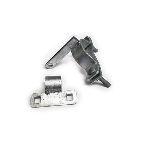 Close-up view of metal brackets and latch from Heavy Duty Sliding Gate Hardware Kit with Dual Wheel Carriers and 8 Inch Pneumatic Wheels.