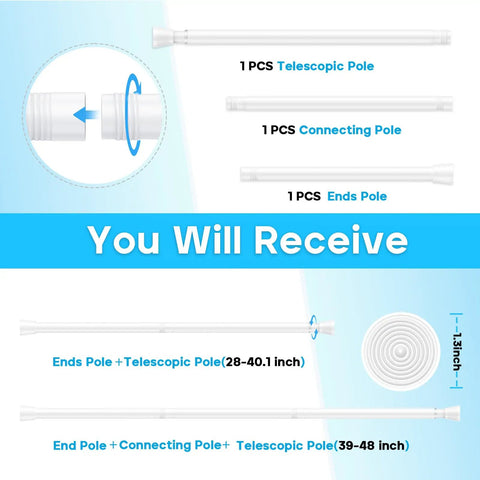 Diagram showing components of a Pair Of Adjustable White Spring Tension Curtain Rods 28 To 48 Inches No Drill No Tools Easy Install.