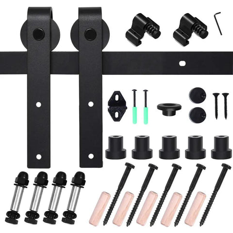 Beefy Heavy Duty Sliding Barn Door Hardware Kit For Single Door With Steel Track And Nylon Rollers I Shape Hangers Fits 24 Inch Wide Door Panel For Laundry Room Kitchen Closet And Bathroom components on white background