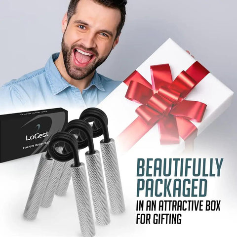 Metal Hand Grip Set 100Lb To 200Lb Three Pack No Slip Heavy Duty Grip Strength Trainer With Gift Box shown with smiling man