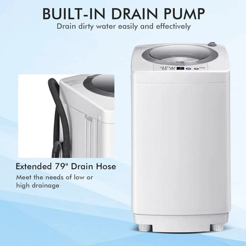 Full Auto Portable Washing Machine, 8 Pounds Compact Laundry Washer Spin Dryer Combo With Led Display, Three Water Settings, Hassle Free Pick For College Dorms, Apartments, Road Trips And Tiny Spaces with built-in drain pump and extended 79" hose.
