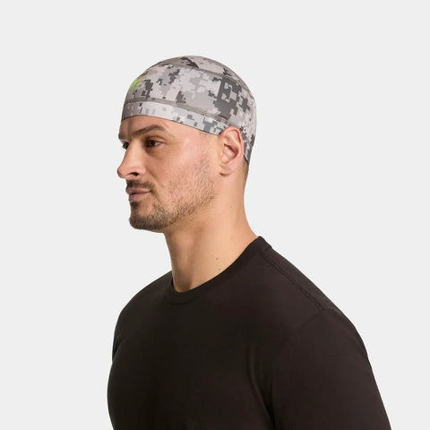 Side profile of model wearing Cooling Helmet Liner That Cools Instantly When Wet, UPF 50 Sun Protection, Lightweight, Digital Camo Gray.