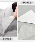 240 Pack Invisible Adhesive Shirt Collar Stays Ditch The Droop And Keep Your Dress Shirts Fresh All Day Long No More Frumpy Creases Just Slide Inside And Zip Up A Crisp Clean Look Without Any Clunky Plastic Or Sticky Residue showing adhesive collar stays being inserted in a gray dress shirt.