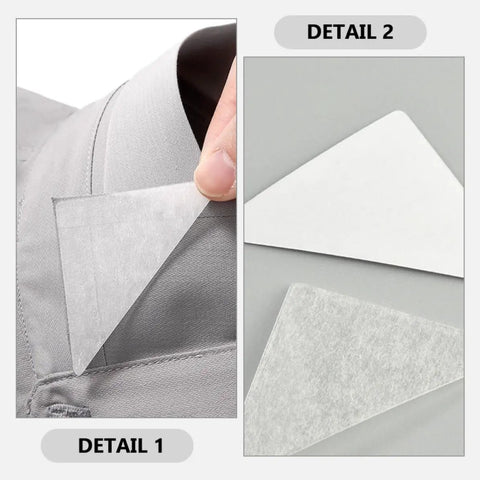 240 Pack Invisible Adhesive Shirt Collar Stays Ditch The Droop And Keep Your Dress Shirts Fresh All Day Long No More Frumpy Creases Just Slide Inside And Zip Up A Crisp Clean Look Without Any Clunky Plastic Or Sticky Residue showing adhesive collar stays being inserted in a gray dress shirt.