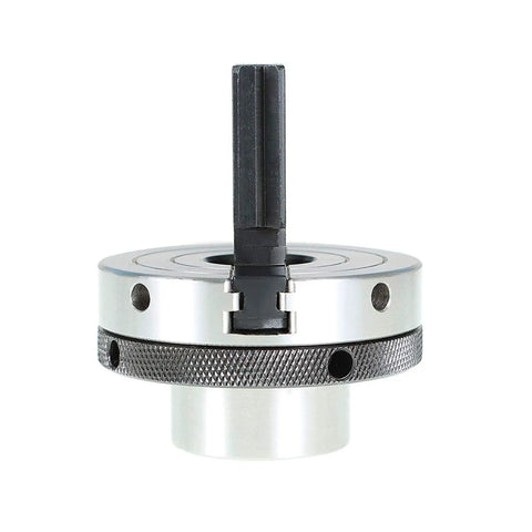 Beefy 3.25 Inch Wood Lathe Chuck With 1 X 8 TPI Pre Threaded Mount, metal construction with one tightening rod visible