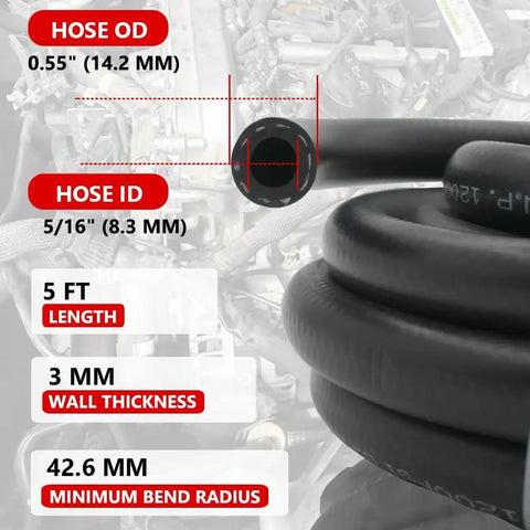 Five Sixteenth Inch High Pressure Push Lock Fuel Injection Hose 5 Ft Long text overlay with size details and engine background
