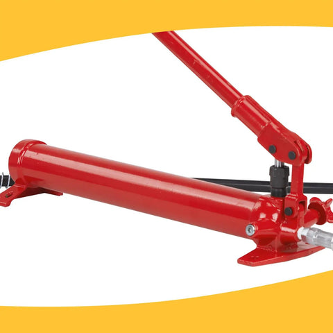 Industrial Grade 10 Ton Hydraulic porta power pack with sturdy rust proof chrome ram plunger and durable painted finish for truck, farm auto repair close up.