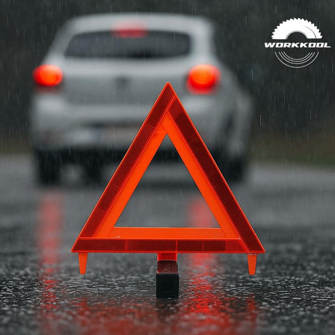 DOT Approved Vehicle Safety Triangles Three Pack With Carry Case Emergency Reflective Warning Signs on wet road in rain.