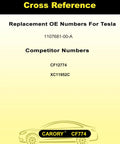 Cross reference of Tesla Cabin Air Filter With Activated Carbon For Model 3 And Model Y 2017 To 2025 OE Replacement numbers.