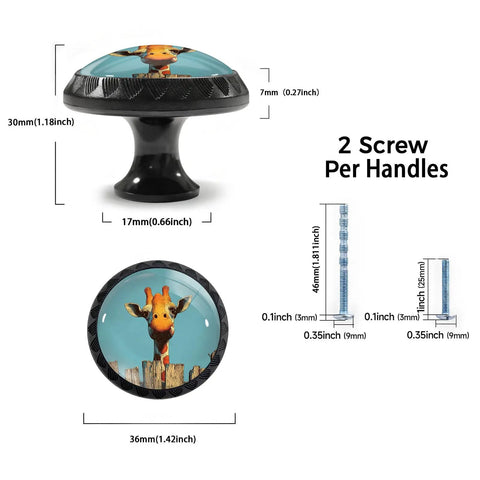 Giraffe Peeking Over Fence Kitchen Cabinet Knobs Four Pack Round Drawer Pulls with screws, diameter 36mm, height 30mm.