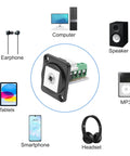 D Type Three Point Five Millimeter Three Pole Stereo Audio Terminal Block Connector Solderless Screw Terminal Panel Mount Adapter For One Eighth Inch TRS Female To Three Pin Balum Converter Pack Of Two shown with compatible devices such as earphones, computer, speaker, MP3 player, tablets, smartphone, and headset.