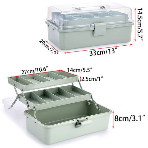 Clear 3 Layer Plastic Dividing Storage Box With Adjustable Spacers Portable Handle Craft Organizer in Haze Green open view