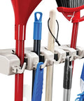 Mop And Broom Holder Wall Mount With Five Slots And Six Hooks, Heavy Duty Garage Organizer for holding cleaning tools on wall