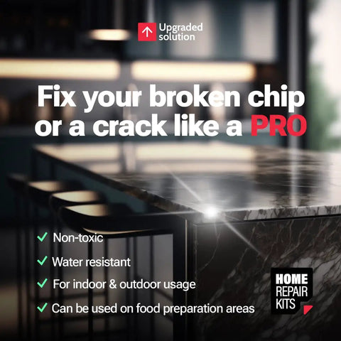 Clear DIY Chip Repair Kit For Granite Marble Quartz Porcelain Tile And Countertops Fix Cracks Chips And Scratches In Minutes No Pro Needed Perfect For Fiberglass And Ceramic Surfaces illustration with countertop surface and repair features listed.
