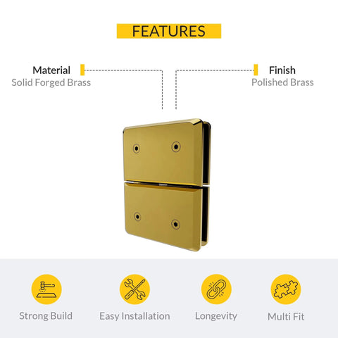 Front view of Adjustable Glass To Glass Pivot Hinge For Overhead Transom Frameless Shower Doors Solid Forged Brass With Polished Brass Finish