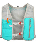 Front view of lightweight hydration backpack for hiking and trail running 5L with adjustable straps and pockets, blue color.