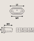 Technical drawing of Beefed Up Black LED License Plate Light dimensions with top and side view measurements for boats and trailers.