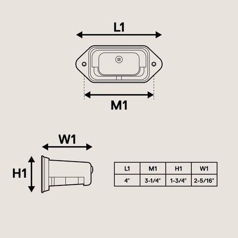 Technical drawing of Beefed Up Black LED License Plate Light dimensions with top and side view measurements for boats and trailers.