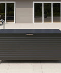281 Gallon Outdoor Storage Box With Wheels For Easy Mobility And Soft Close Lid Waterproof Metal Deck Box on patio
