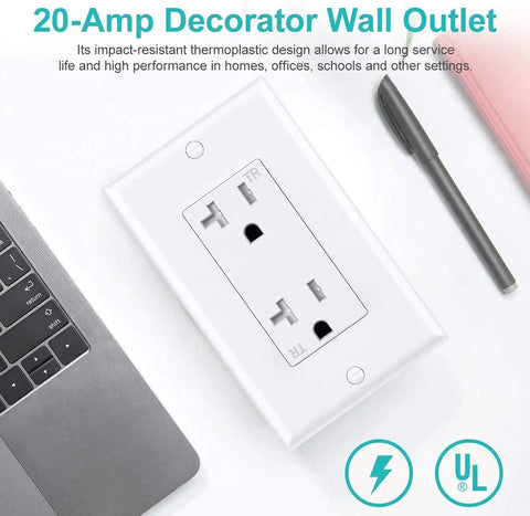 20 Amp 125 Volt Tamper Resistant Decorator Outlet Receptacle With Grounding White UL Listed Wall Plate Included