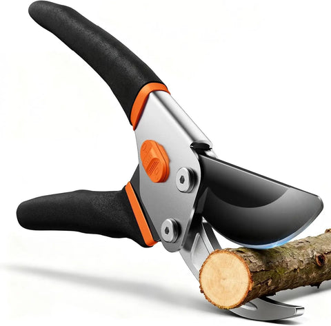 Heavy Duty Pruning Shears 8.5 Inch Pro Garden Pruner With Jam-Proof Spring And Ever-Sharp SK5 Blades cutting a branch