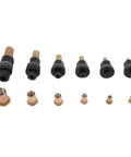 Ultimate Multi-Size Rivet Tool Set For Sheet Metal And Pipe Jobs With Threaded Nut Adapters In M3 M4 M5 M6 M8 And M10 Fits Manual Or Electric Drill Kits You Gonna Love. Black drill rivet adapters with M3-M10 threaded nut inserts on white background