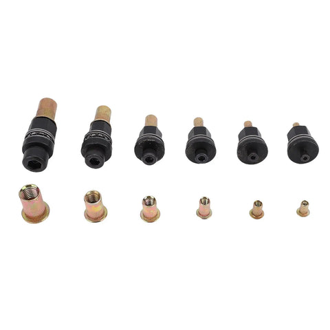 Ultimate Multi-Size Rivet Tool Set For Sheet Metal And Pipe Jobs With Threaded Nut Adapters In M3 M4 M5 M6 M8 And M10 Fits Manual Or Electric Drill Kits You Gonna Love. Black drill rivet adapters with M3-M10 threaded nut inserts on white background
