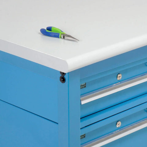 Front view of Heavy Duty Production Workbench With 72 Inch Wide By 30 Inch Deep One And A Quarter Inch Thick ESD Laminate