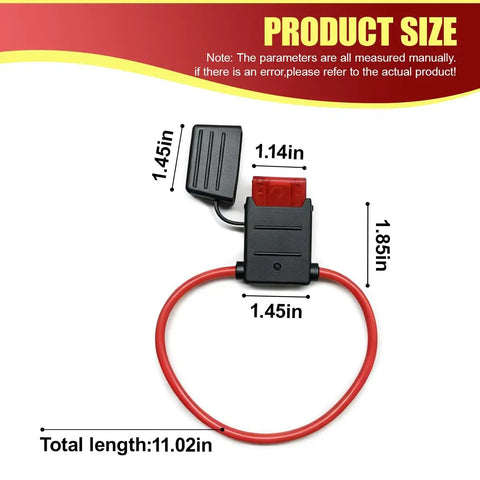 Snag This Badass 2 Pack of 10 Gauge 12 Volt Inline Fuse Holders Featuring 50 Amp ATC ATO Blade Fuses 11 Inch Heavy Duty Waterproof Design Built Tough For Cars Trucks Boats And Motorcycles Black Color, showing dimensions and design.