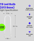 Diagram of U-Bend LED Tube Light 15W T8 Replaces 32W Fluorescent U-Bend, 2100 Lumens Cool White 4000K, dimensions and specs