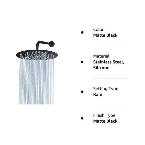 12 Inch Matte Black Round Rain Shower Head With Shower Arm Stainless Steel Waterfall Rainfall For Full Body Coverage Easy Install With US Standard Threads Luxury Bathroom Upgrade showing water flow.