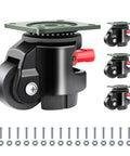 Front view of FIZAR 4-pack heavy-duty swivel leveling casters with mounting plate; black body, green plate, red lock lever.