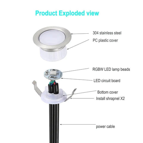 Exploded view of Lit LED Deck Lights Kit 10 Pack RGBW Recessed Low Voltage showing stainless steel and PC components