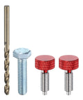 Pro Grade Spring Plunger Set With Knurled Handle M6x1 Quick Slide Pin For Jigs And Vises Rock Solid Stainless Steel Build Rust Free Finish No Fuss Thumb Operation Works Like A Charm Red Two Piece Kit components including hex bolt and drill bit.